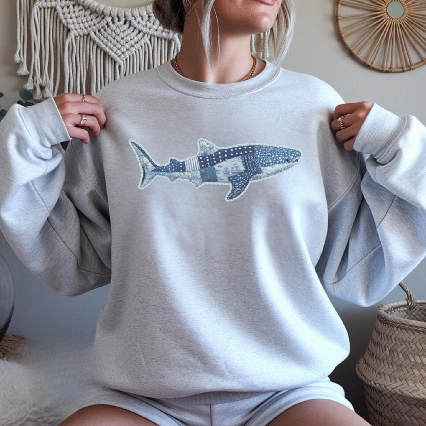 Whale Shark Faux Patchwork Denim Sweatshirt