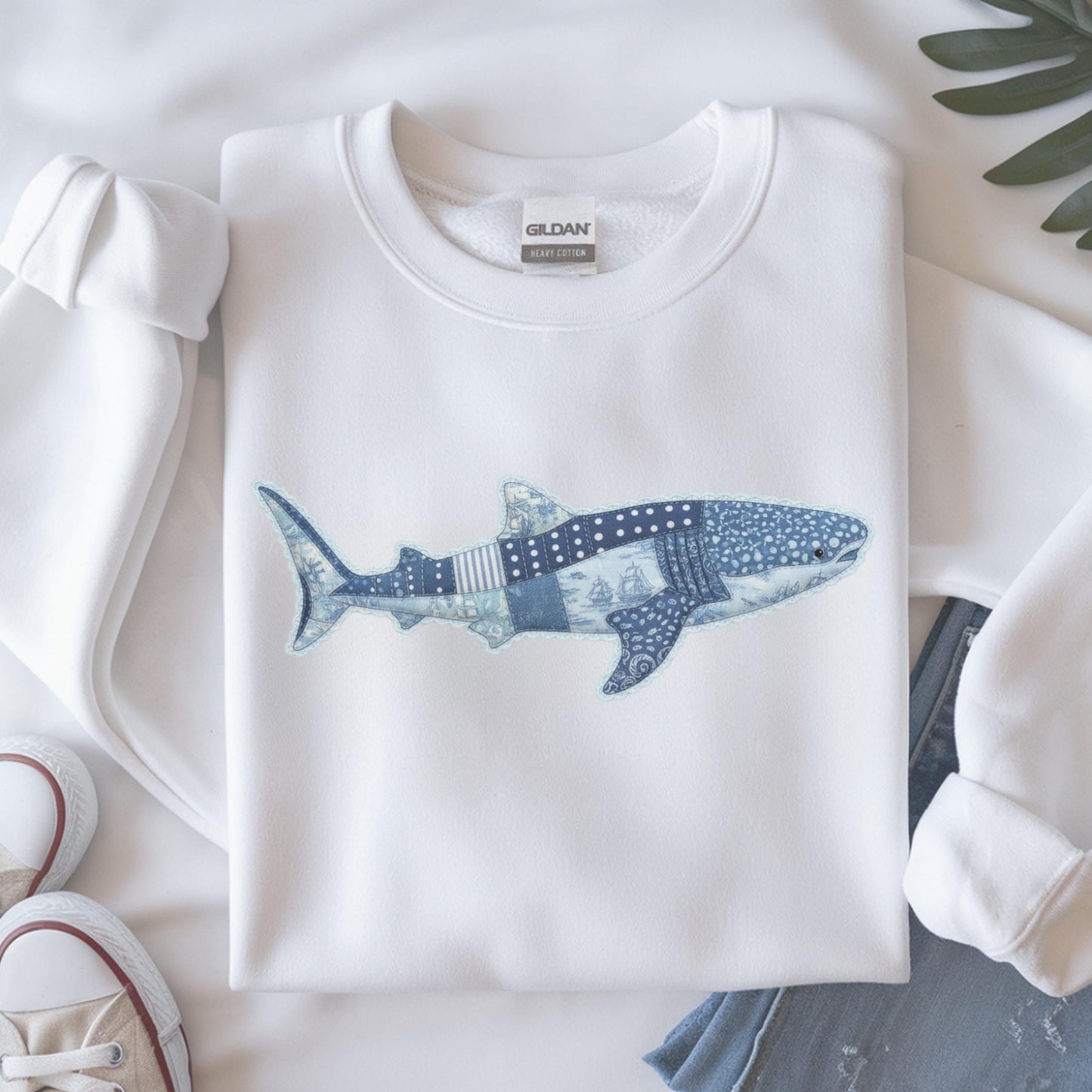 Whale Shark Faux Patchwork Denim Sweatshirt